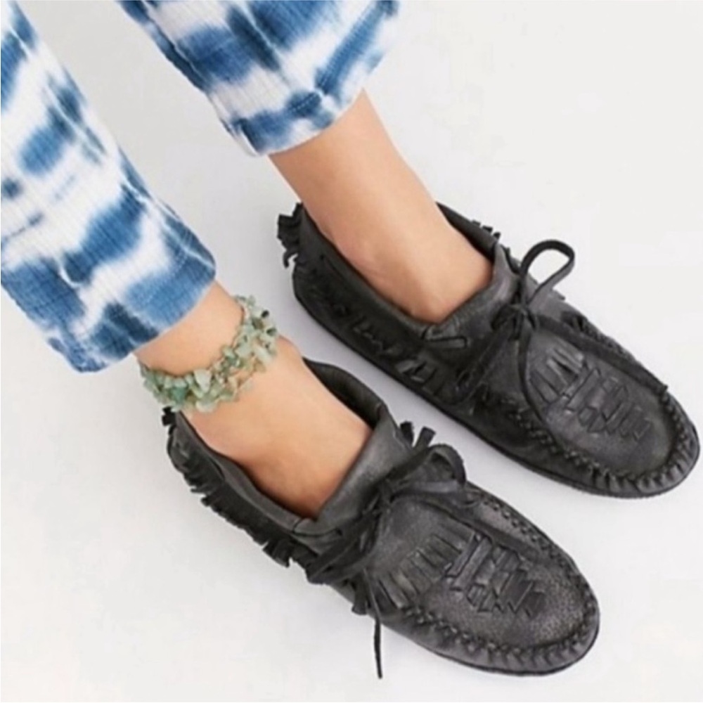 Free People Black Leather Fringe Moccasins